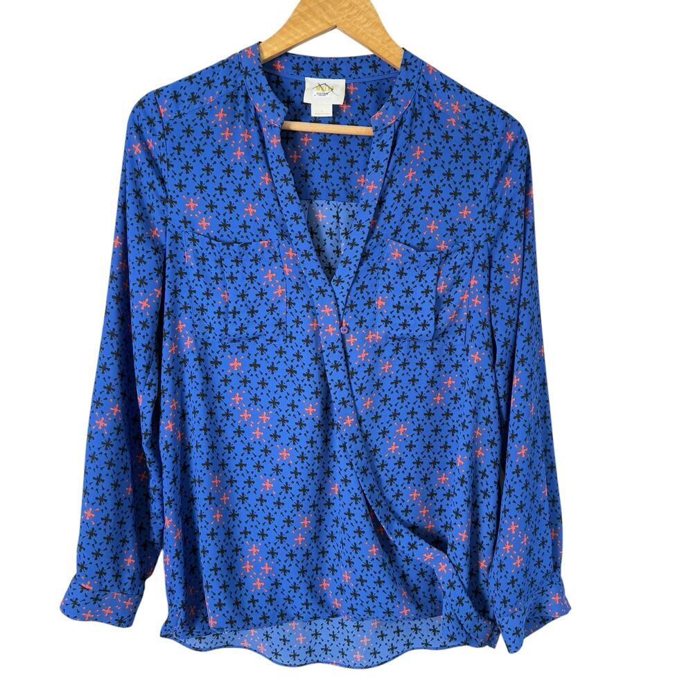 Anthropologie Maeve Eva Faux Wrap Blue Printed Blouse Long Sleeve, Size 2